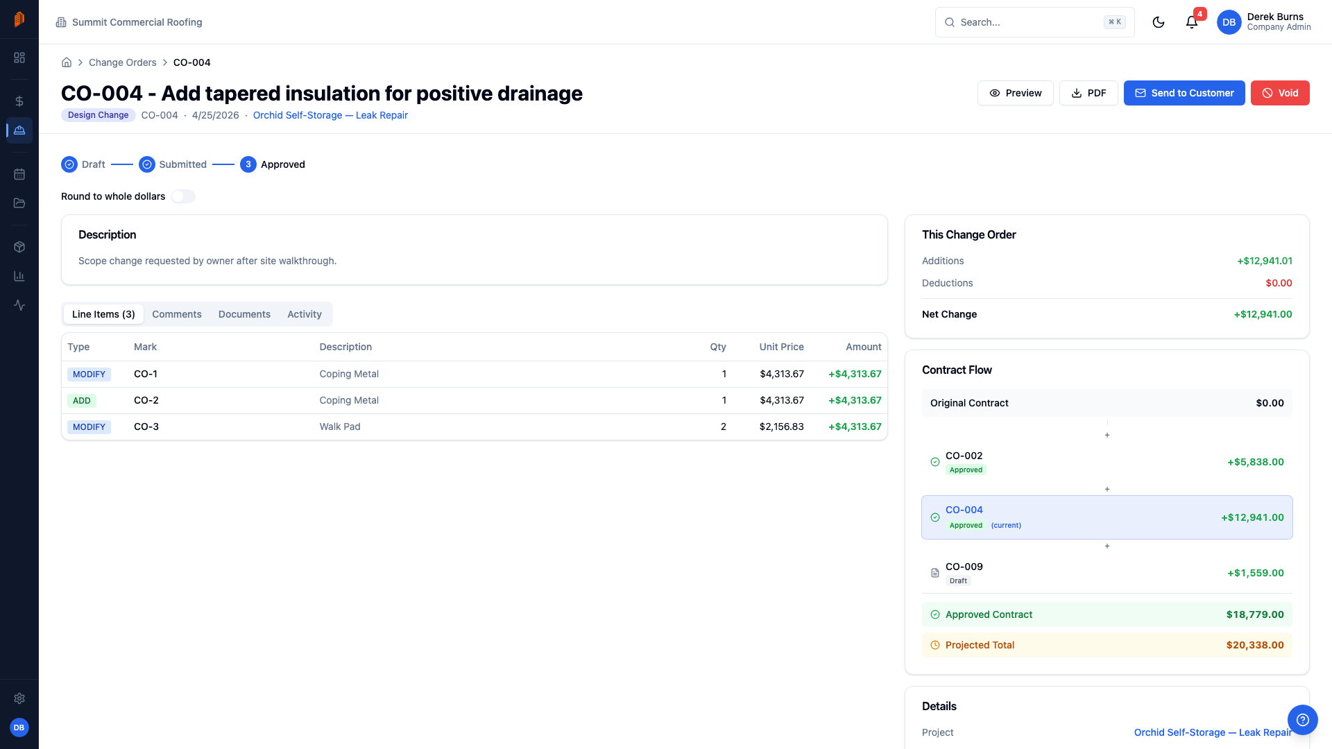BuildWorkPro change order detail with priced line items and approval status