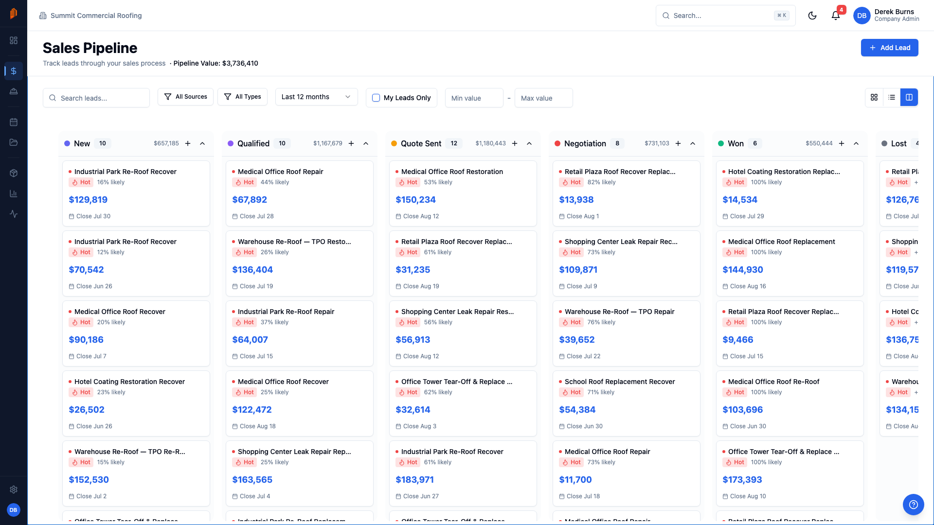 BuildWorkPro sales pipeline kanban board tracking roofing leads by stage