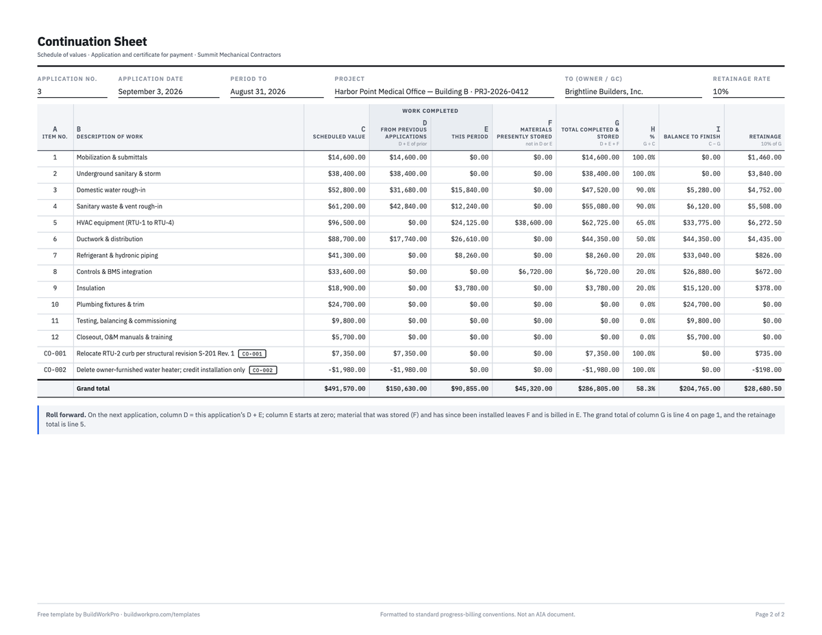Pay Application Template — G702 & G703 Style — page 2 of the completed example