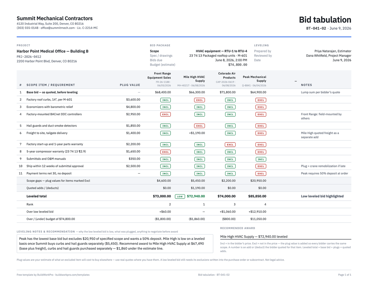 Bid Tabulation Template — preview