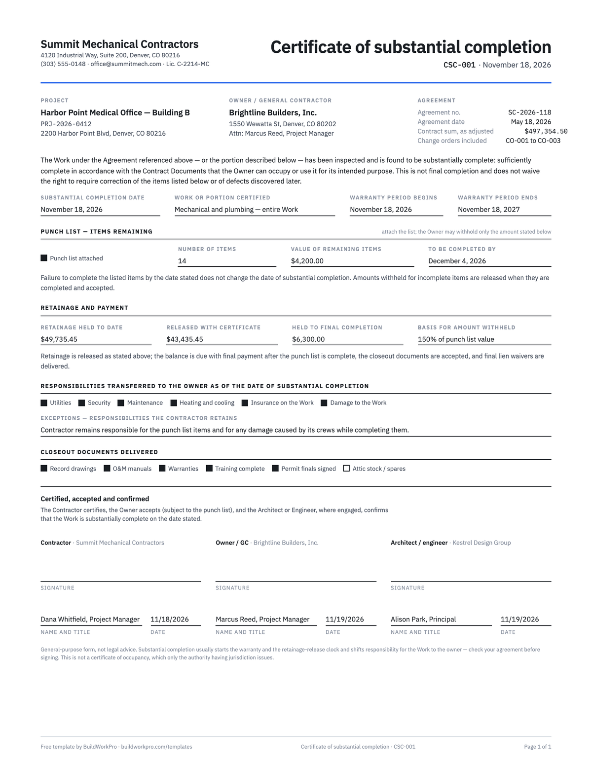 Certificate of Substantial Completion Template — preview