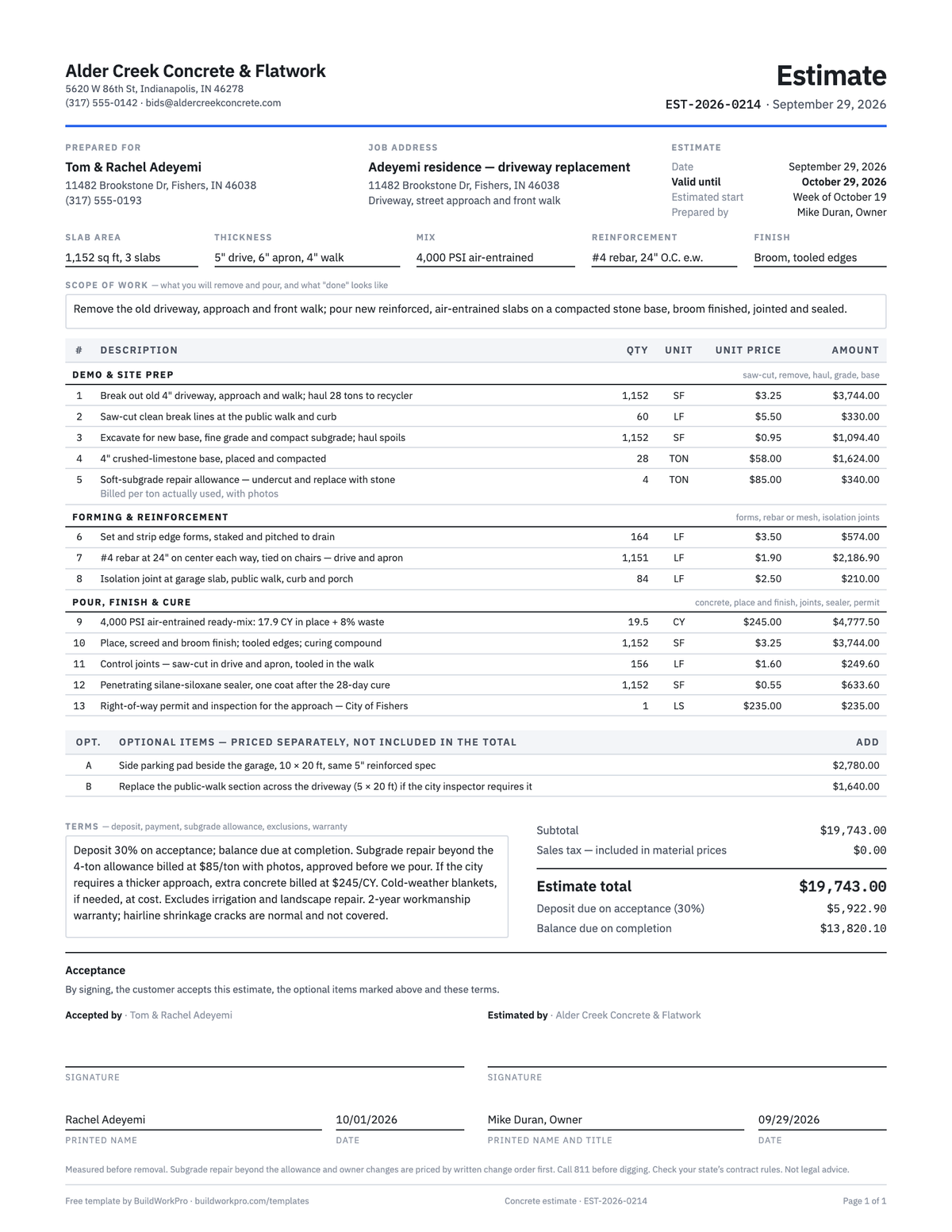 Concrete Estimate Template — preview