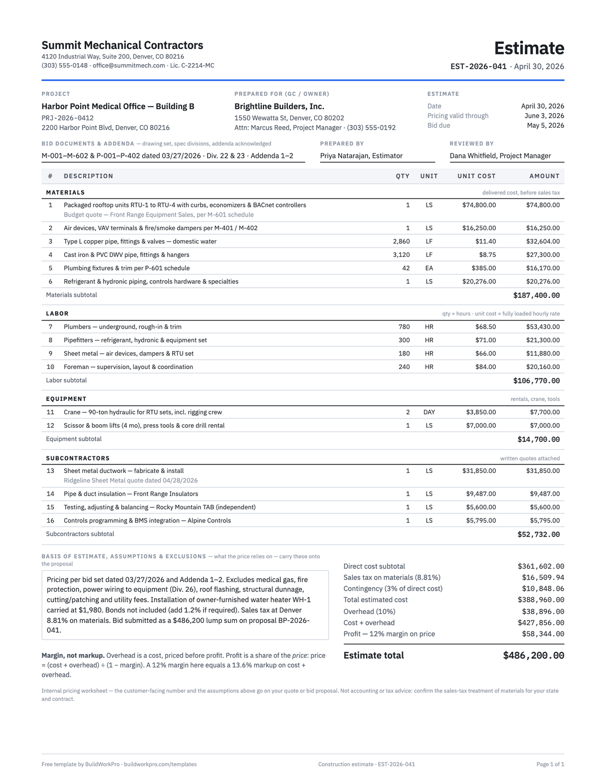Construction Estimate Template — preview