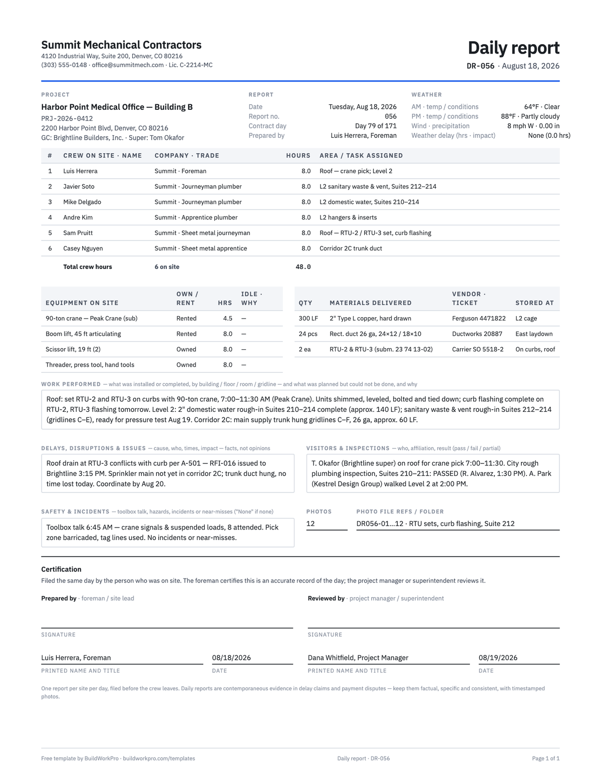 Construction Daily Report Template — completed example page 1