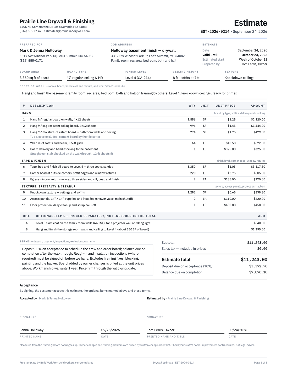 Drywall Estimate Template — preview