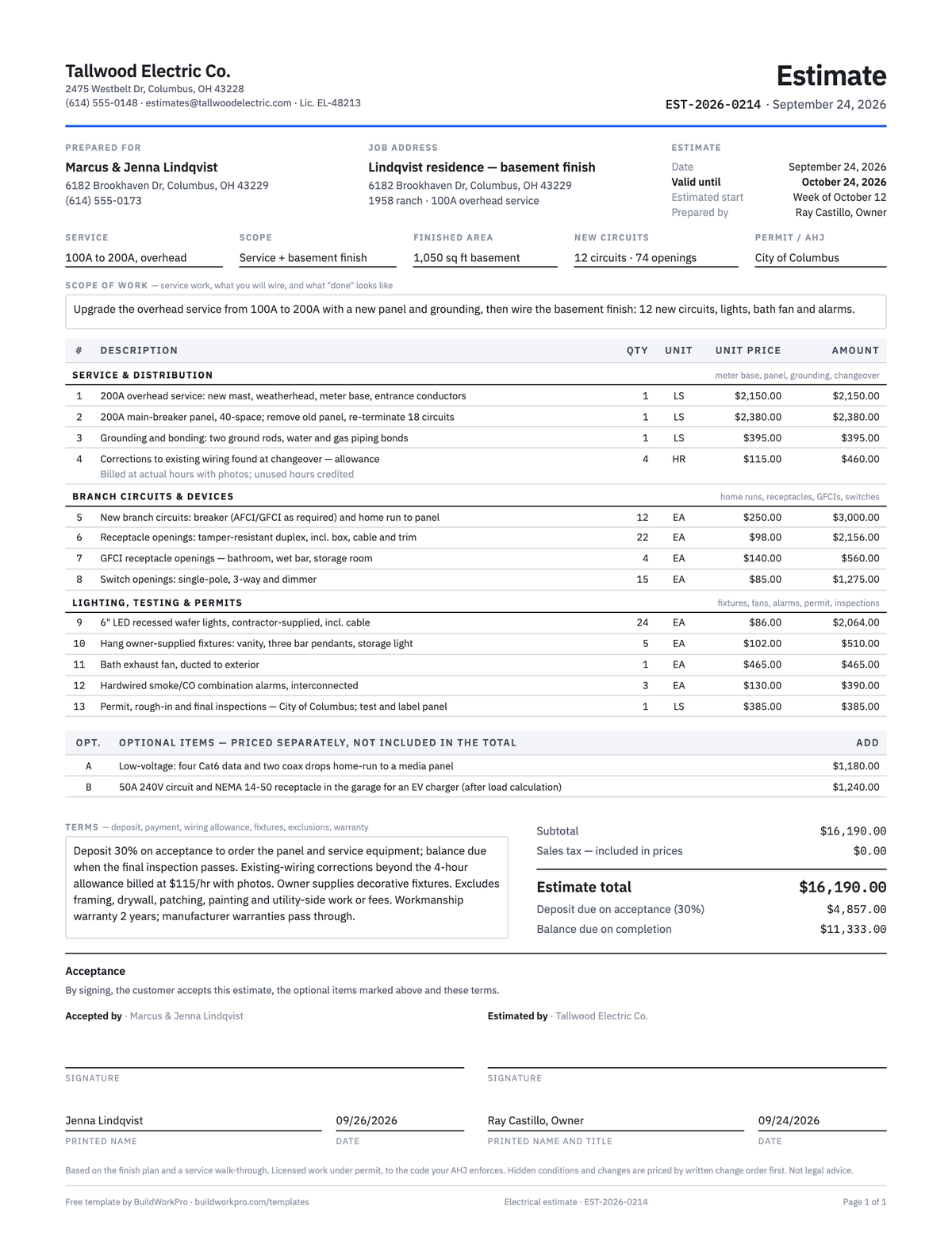 Electrical Estimate Template — preview