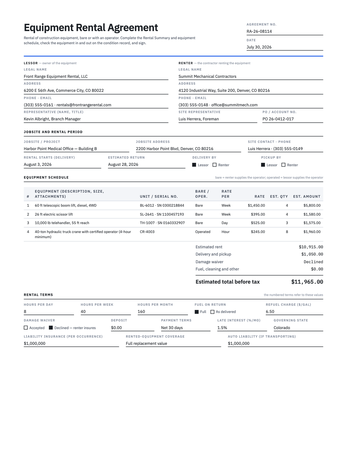 Equipment Rental Agreement — preview