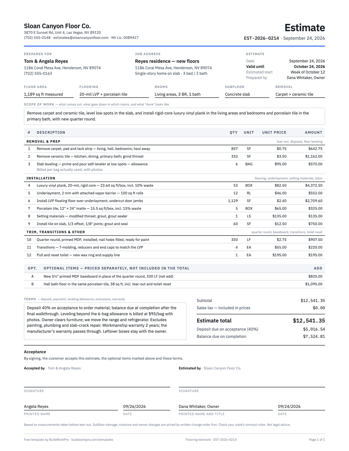 Flooring Estimate Template — preview