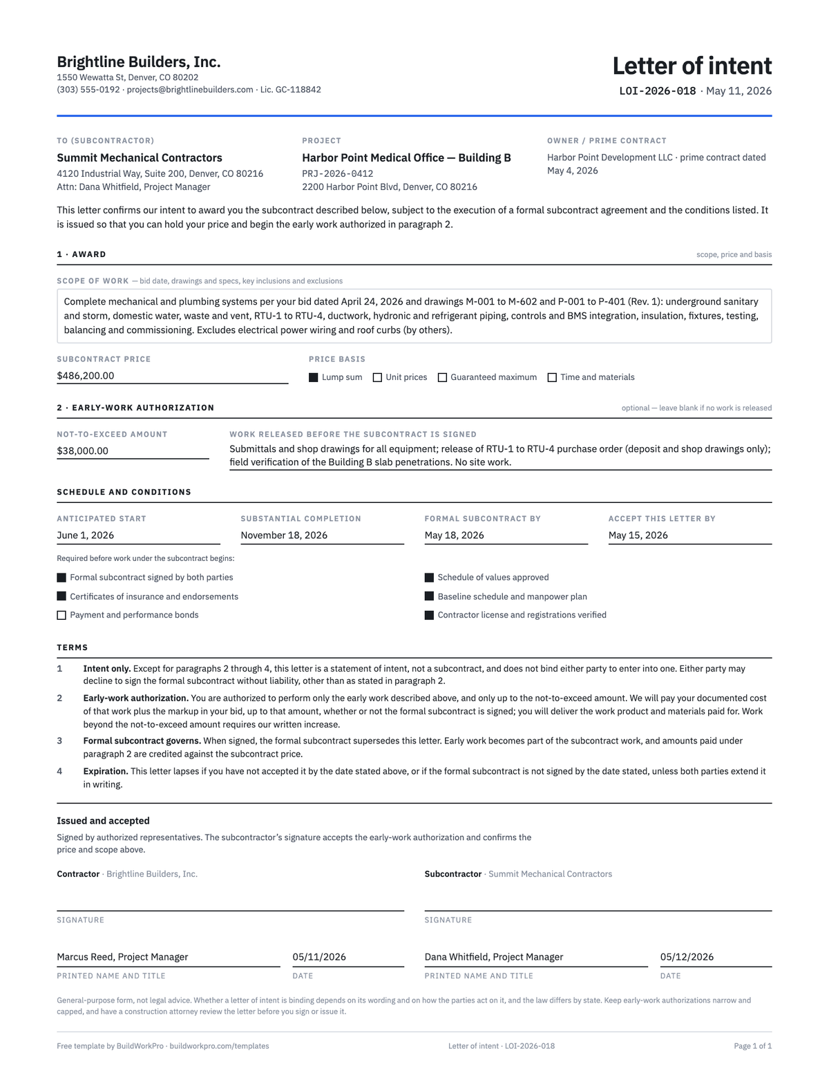 Construction Letter of Intent — preview