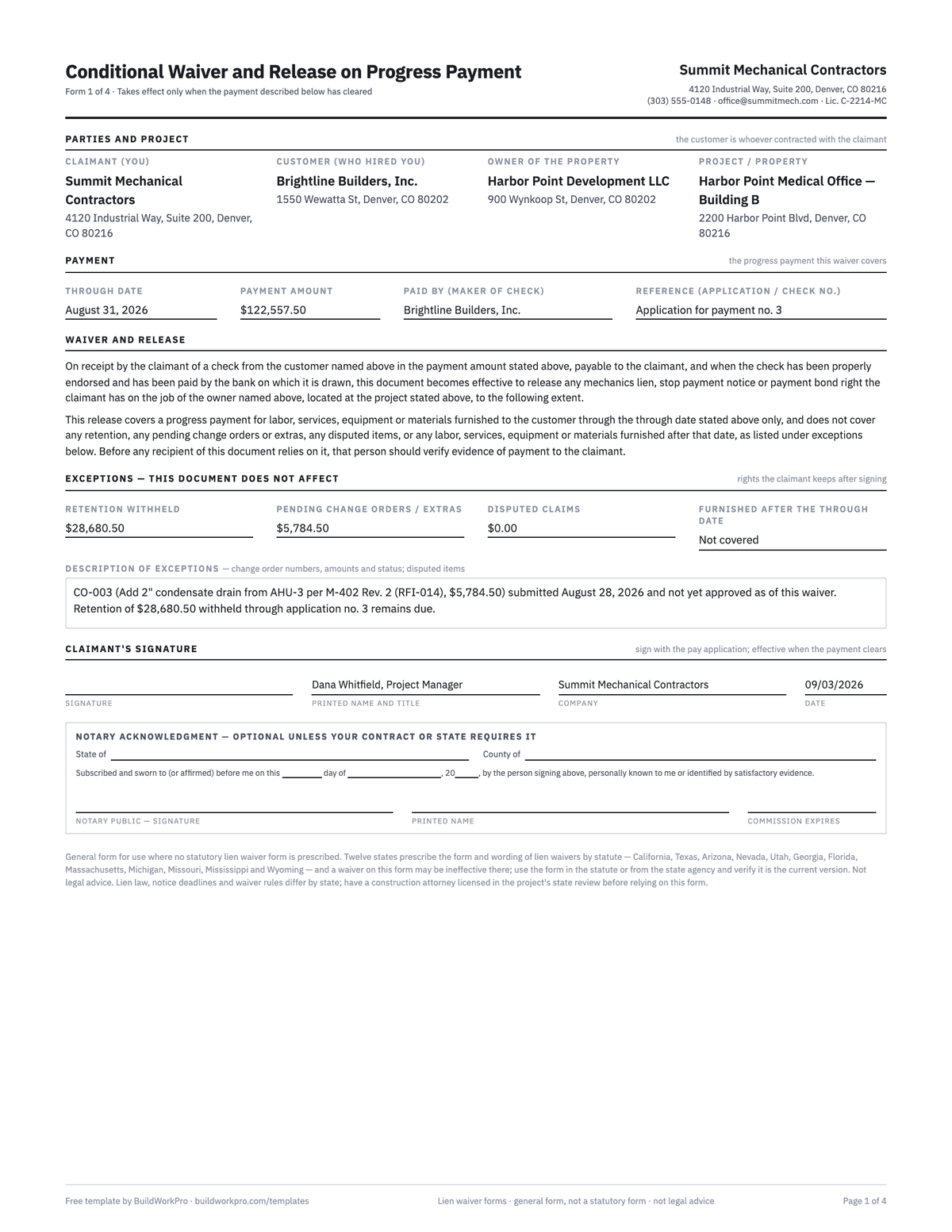 Lien Waiver Forms (4 types) — completed example page 1