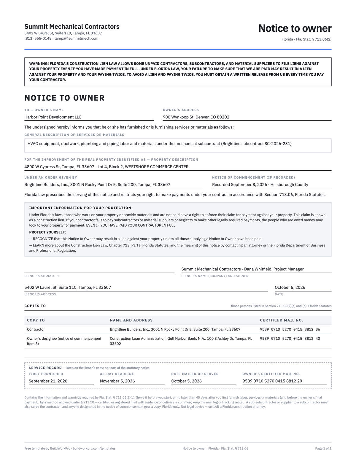 Notice to Owner (Florida) — preview