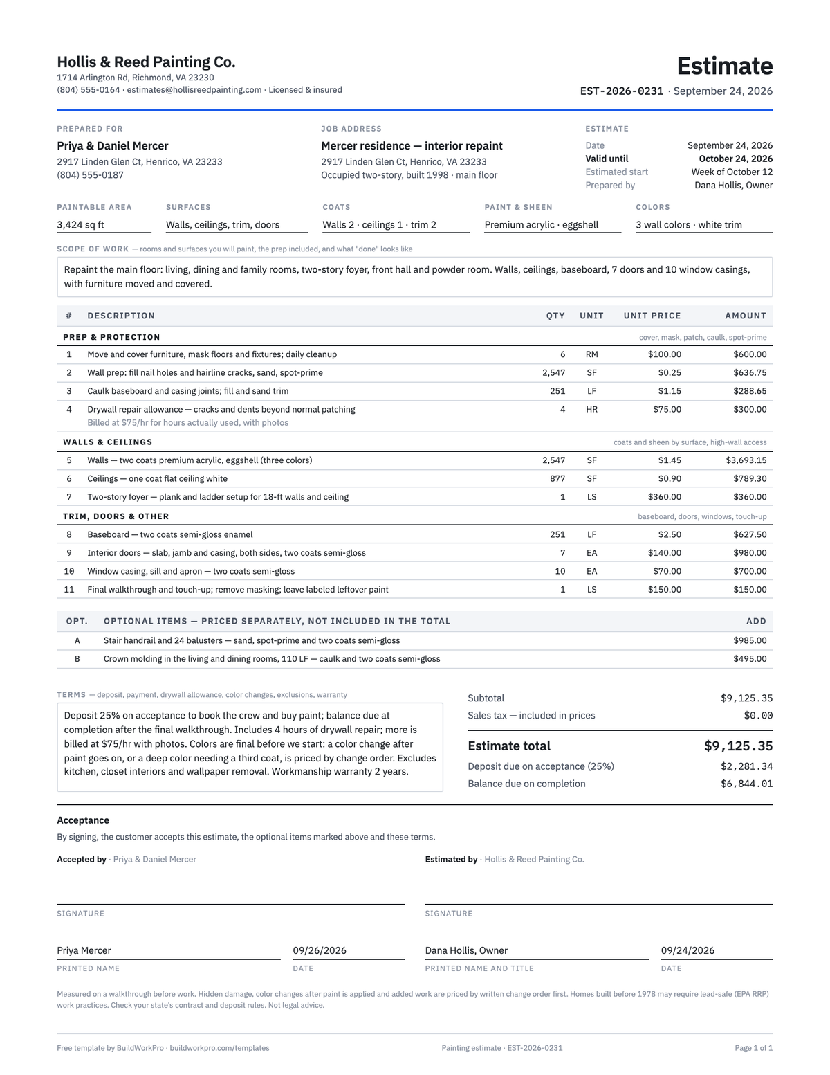 Painting Estimate Template — preview
