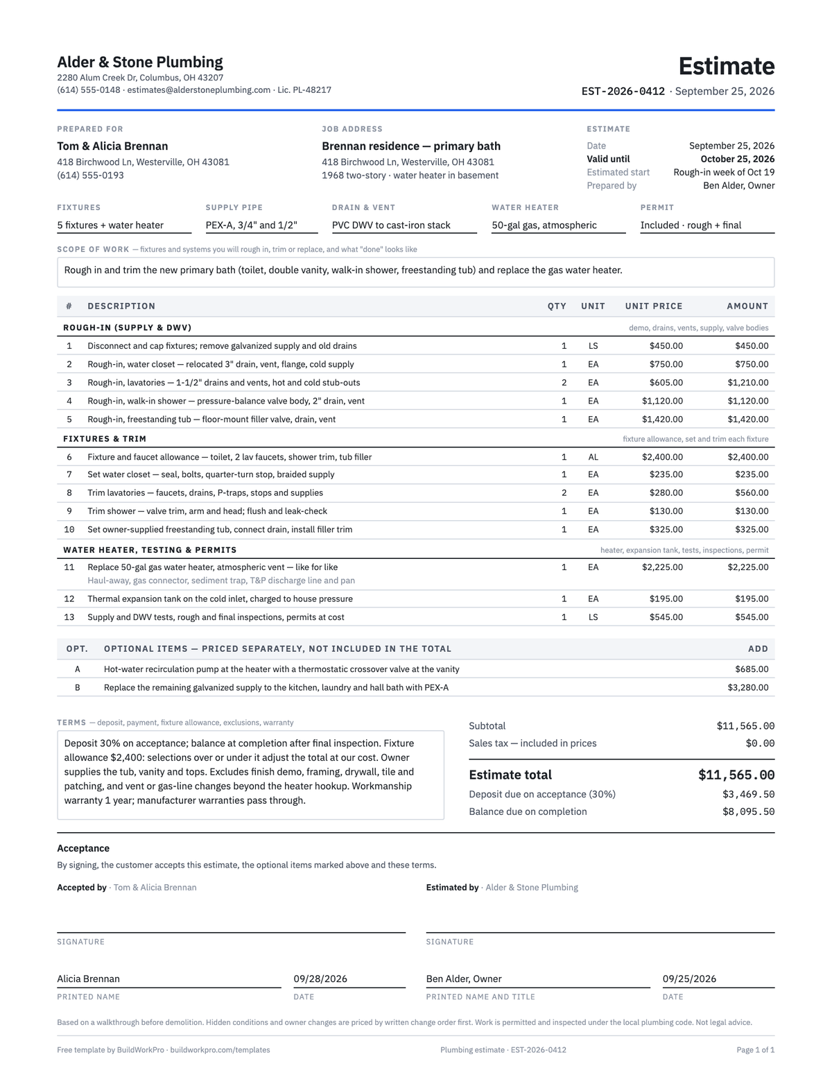 Plumbing Estimate Template — preview