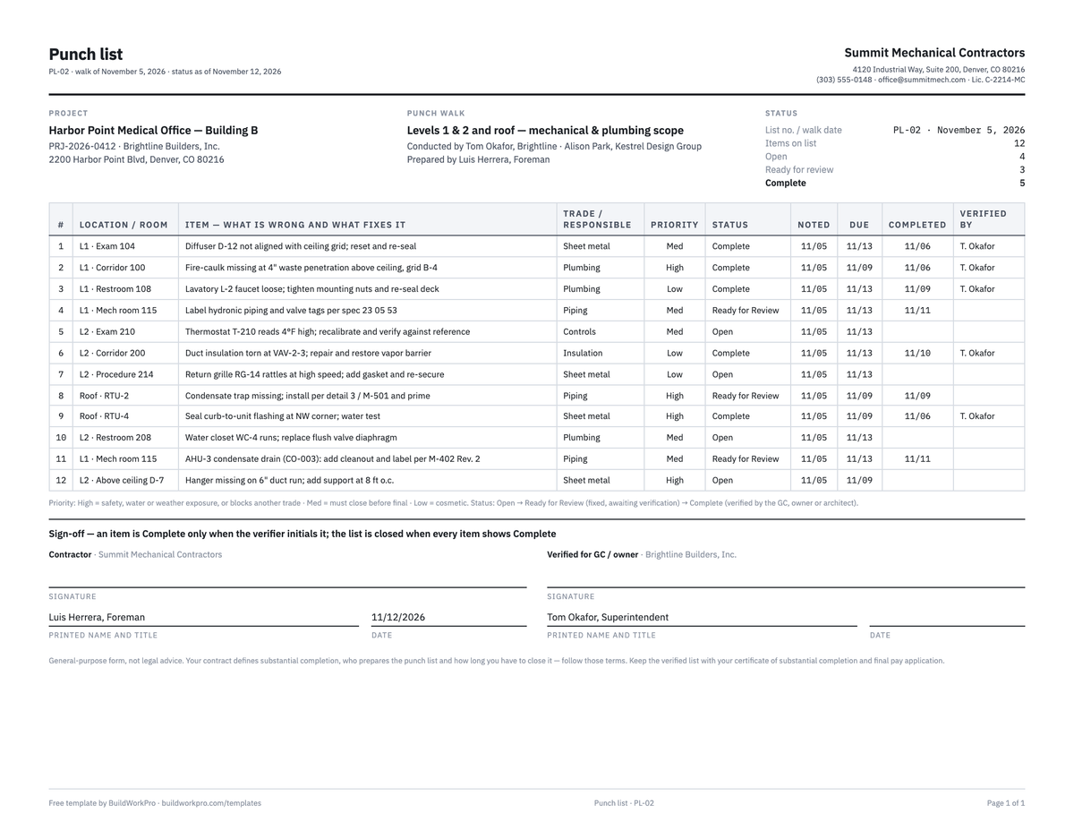 Construction Punch List Template — preview