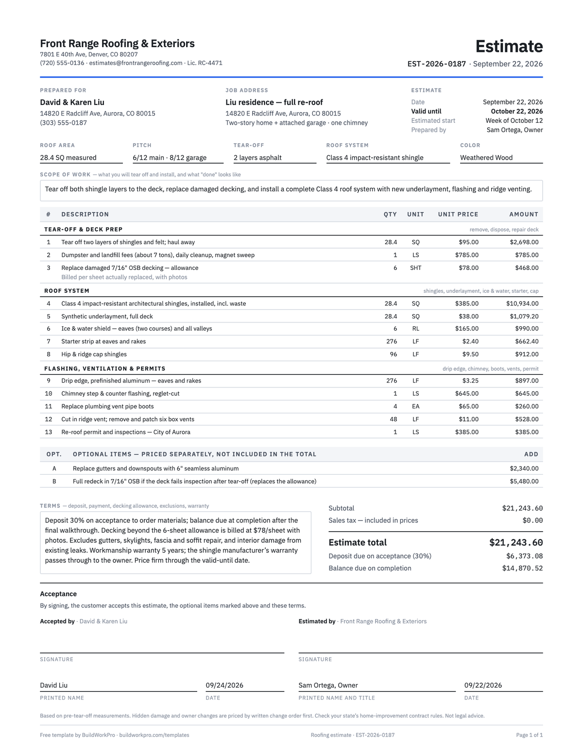 Roofing Estimate Template — preview