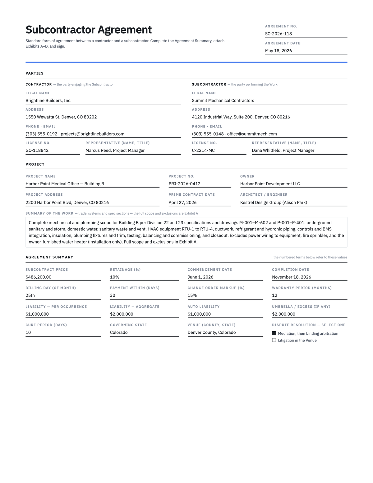 Subcontractor Agreement Template — preview