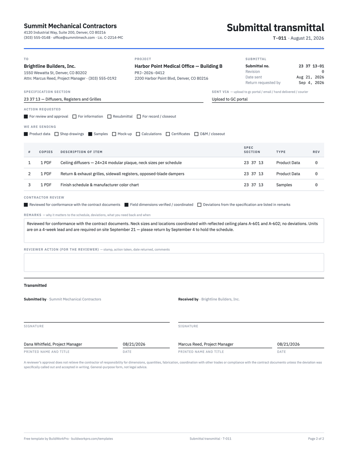 Construction Submittal Log Template — page 2 of the completed example