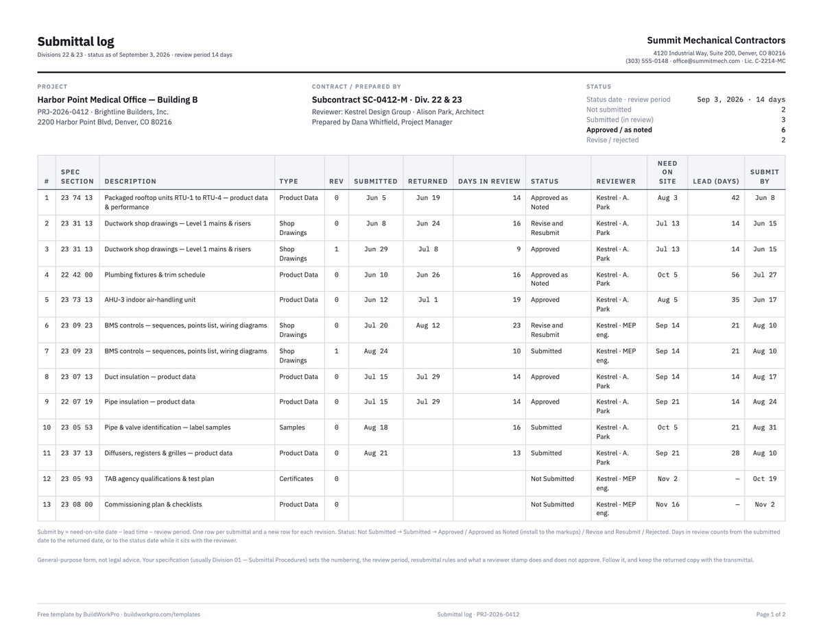 Submittal Log Template — preview
