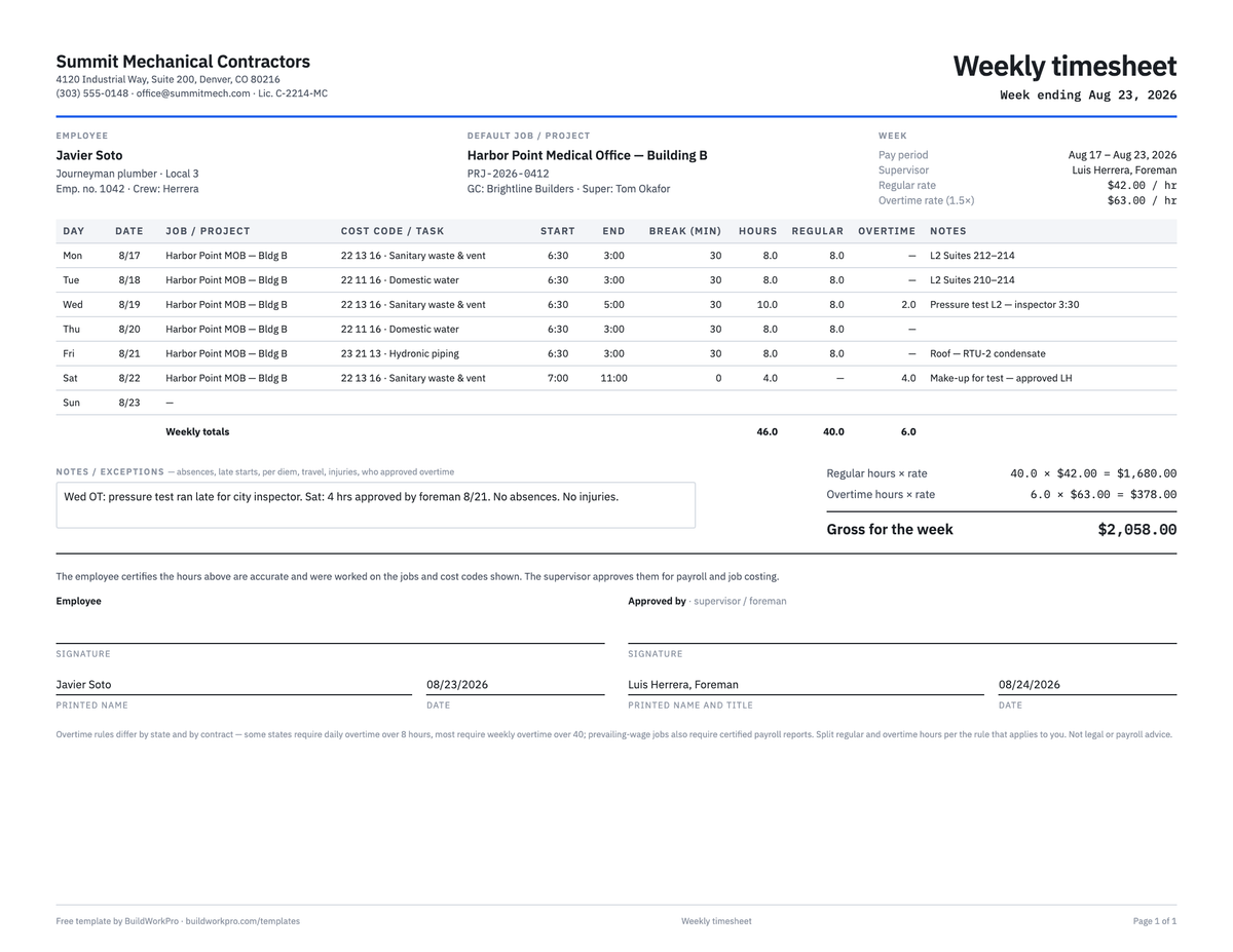 Construction Timesheet Template — preview