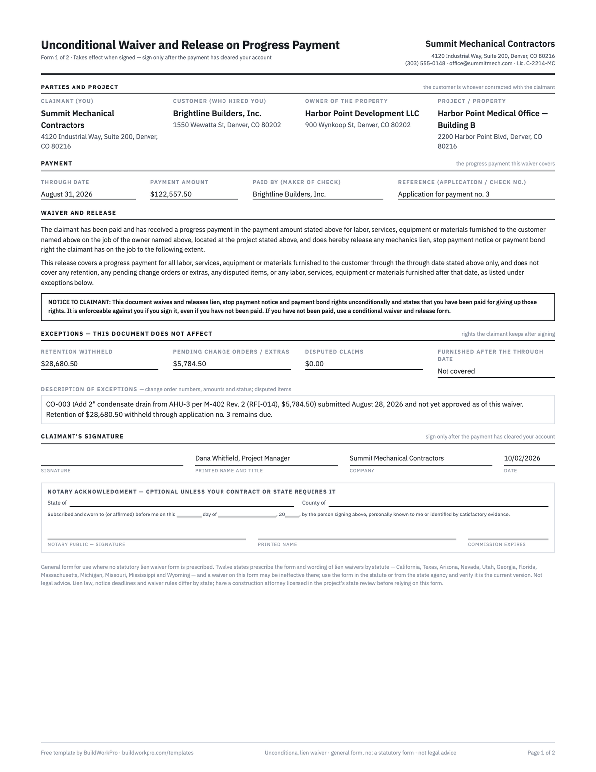 Unconditional Lien Waiver Form — preview