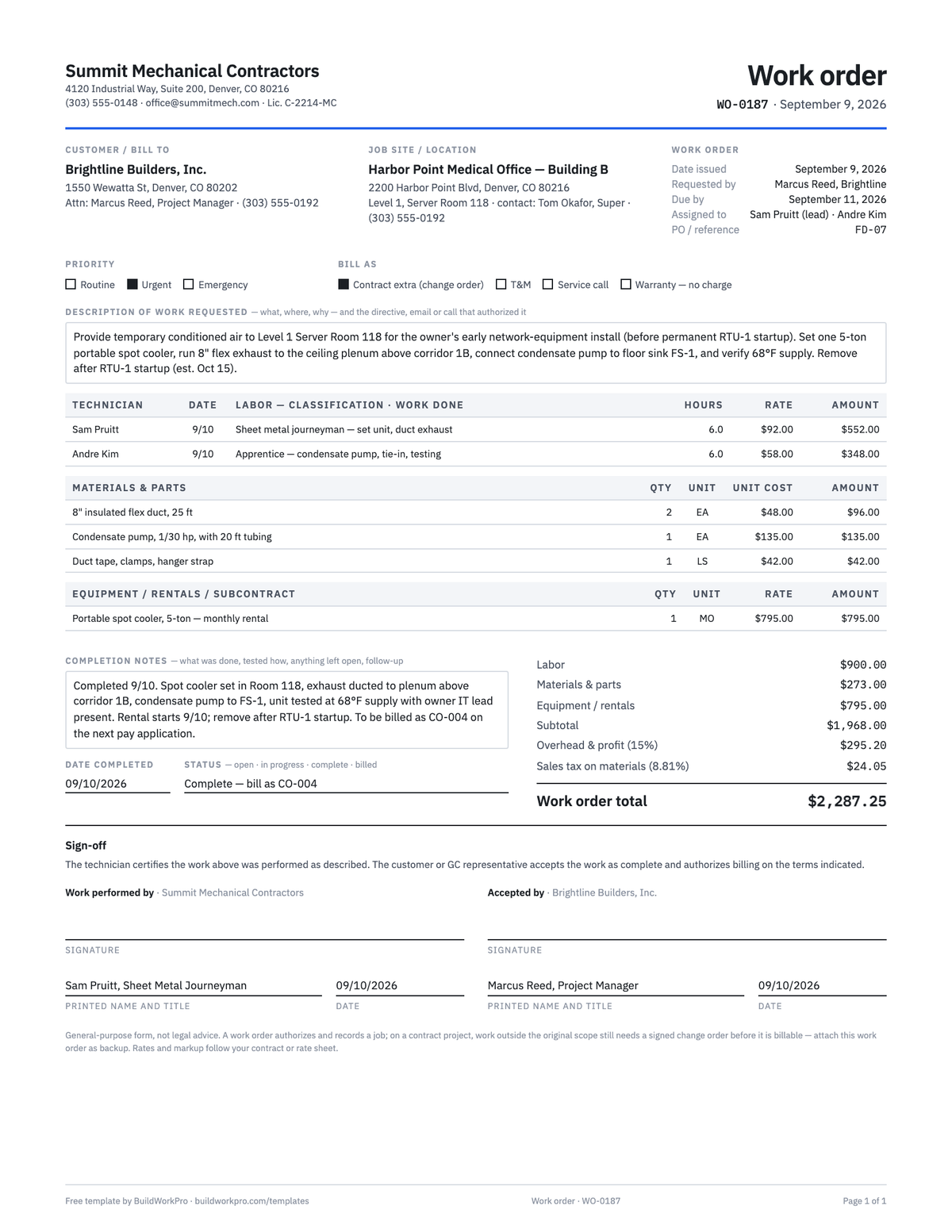 Work Order Template — preview